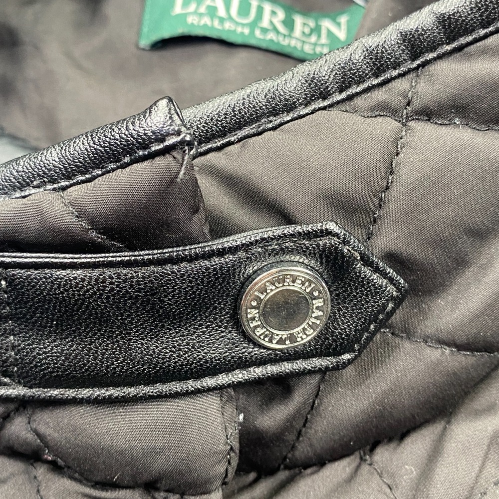 Lauren Ralph Lauren Quilted Jacket Women Size S Black Faux Leather Trim Snap - Picture 13 of 14